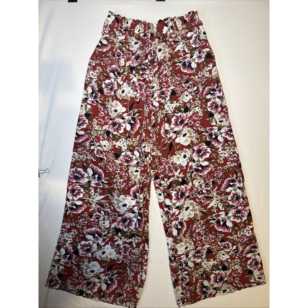 Women’s Wide Leg Floral Crop Pants Sz M Rust Orange Elastic Waist W/ Belt Boho